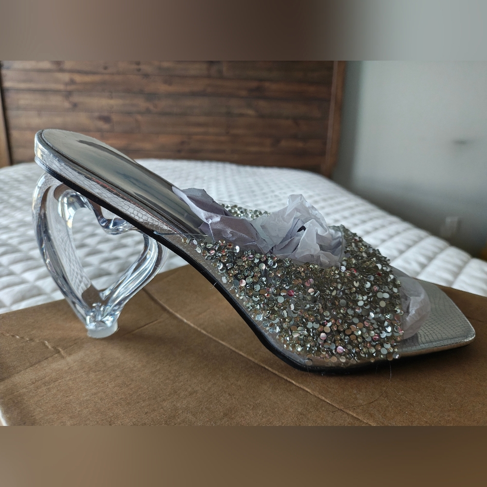 Silver Glitter Clear Square Toe Heels with Heart-Shaped Heel